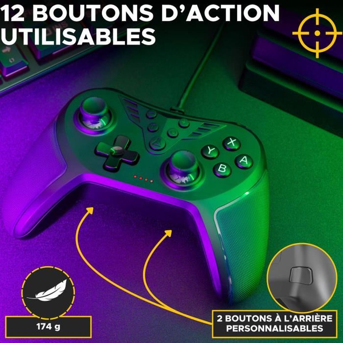 Un mando de juegos verde y negro con varios botones. El fondo es un degradado morado y verde.