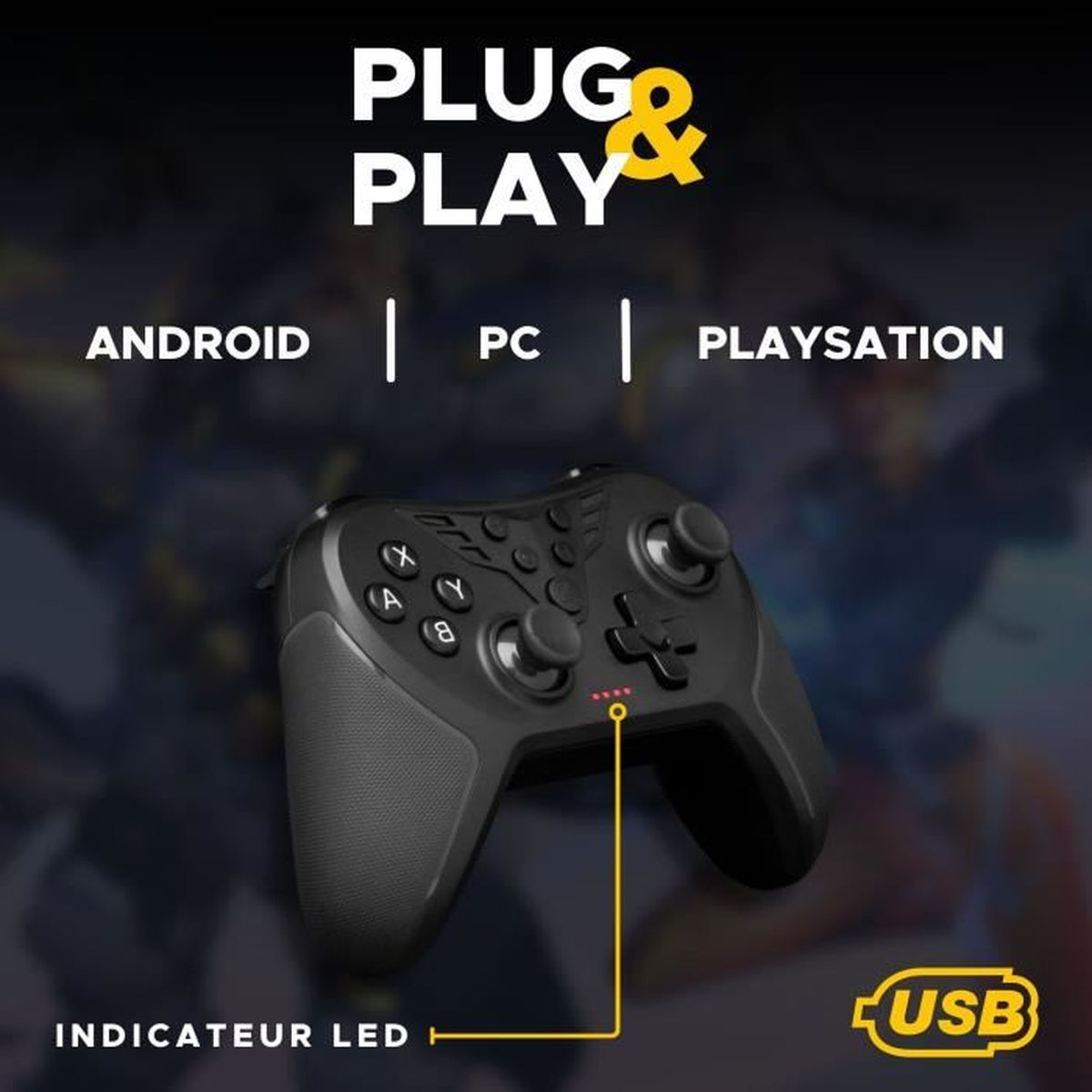 Mando de juego negro con botones, joysticks y conexión USB, etiquetado para Android, PC y Playstation.