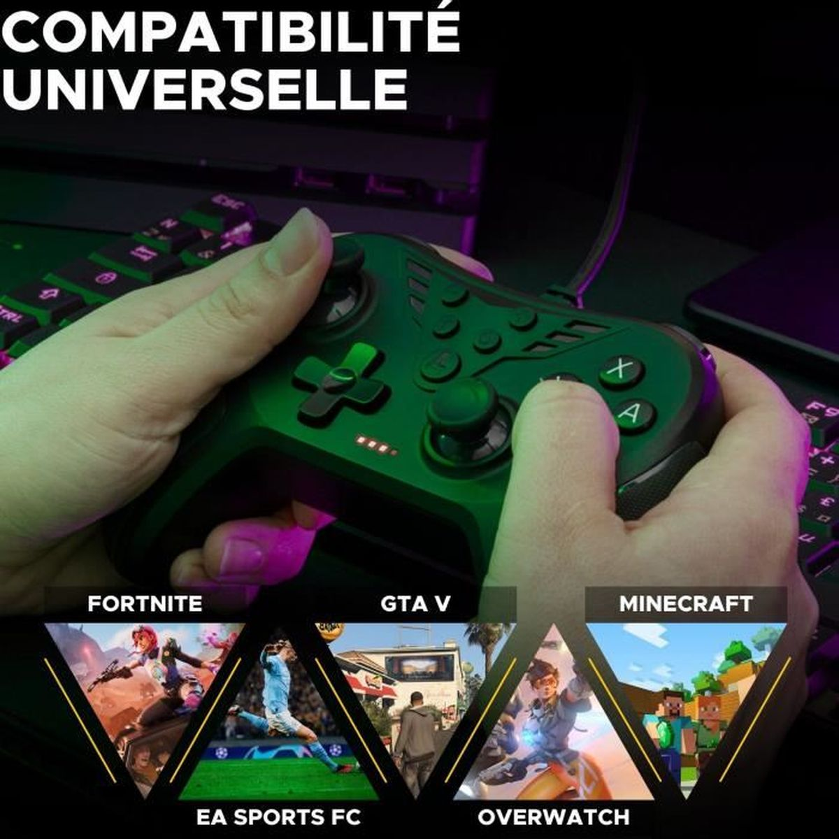 Manos sosteniendo un mando de juego verde, con logotipos de juegos debajo: Fortnite, GTA V, Minecraft, EA Sports FC y Overwatch.
