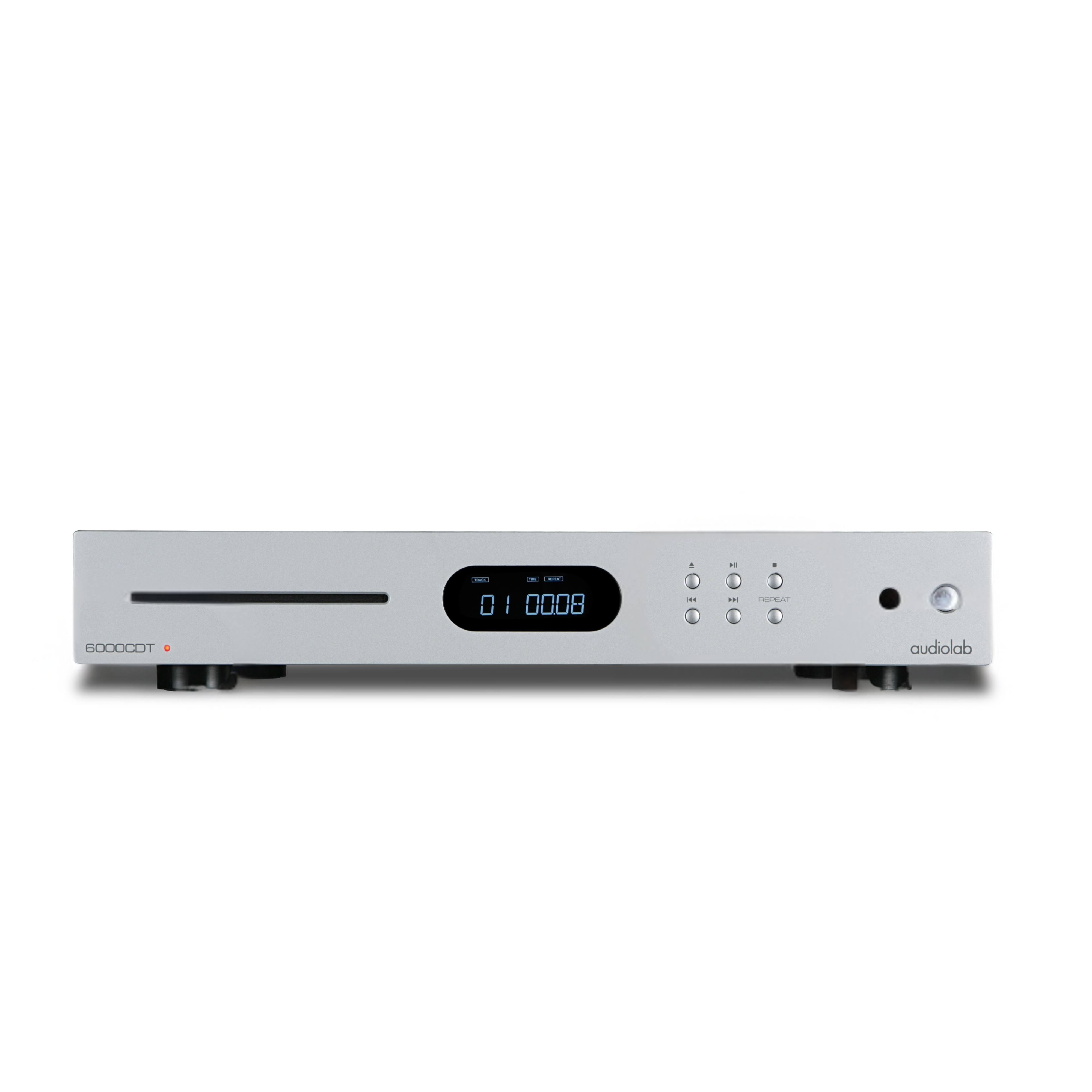 Silberner Audiolab 6000CDT CD-Player. Er hat ein Display, Bedienelemente, ein Fach und das Audiolab-Logo.