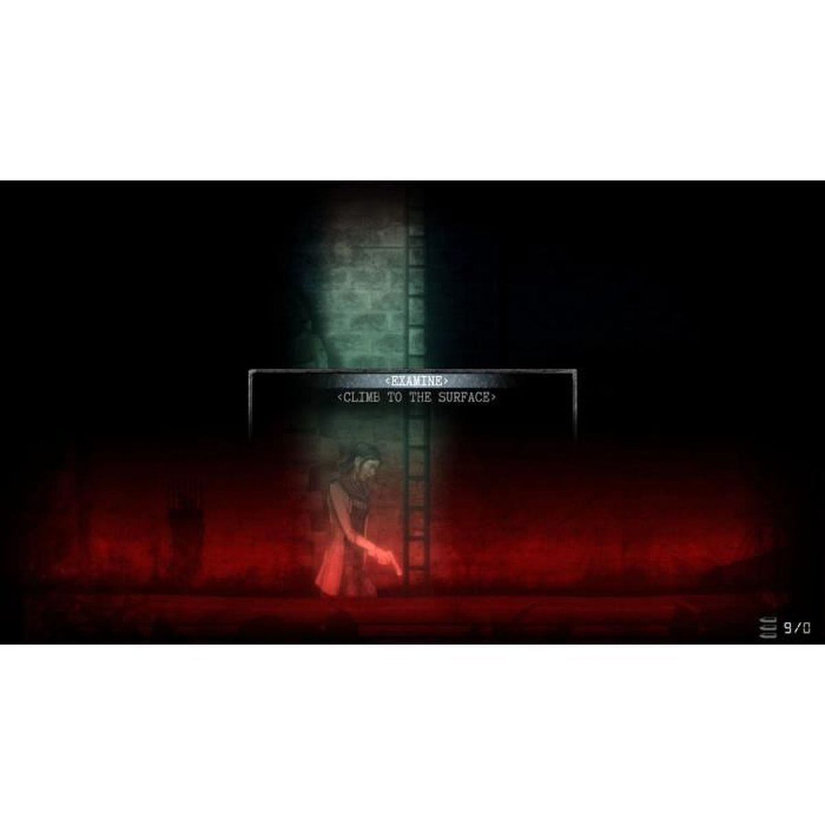 Kobieta w czerwonej sukience stoi w ciemnym, czerwono oświetlonym pomieszczeniu. Pole tekstowe mówi 'Zbadaj' i 'Wspinaj się na powierzchnię'. Widoczna drabina.