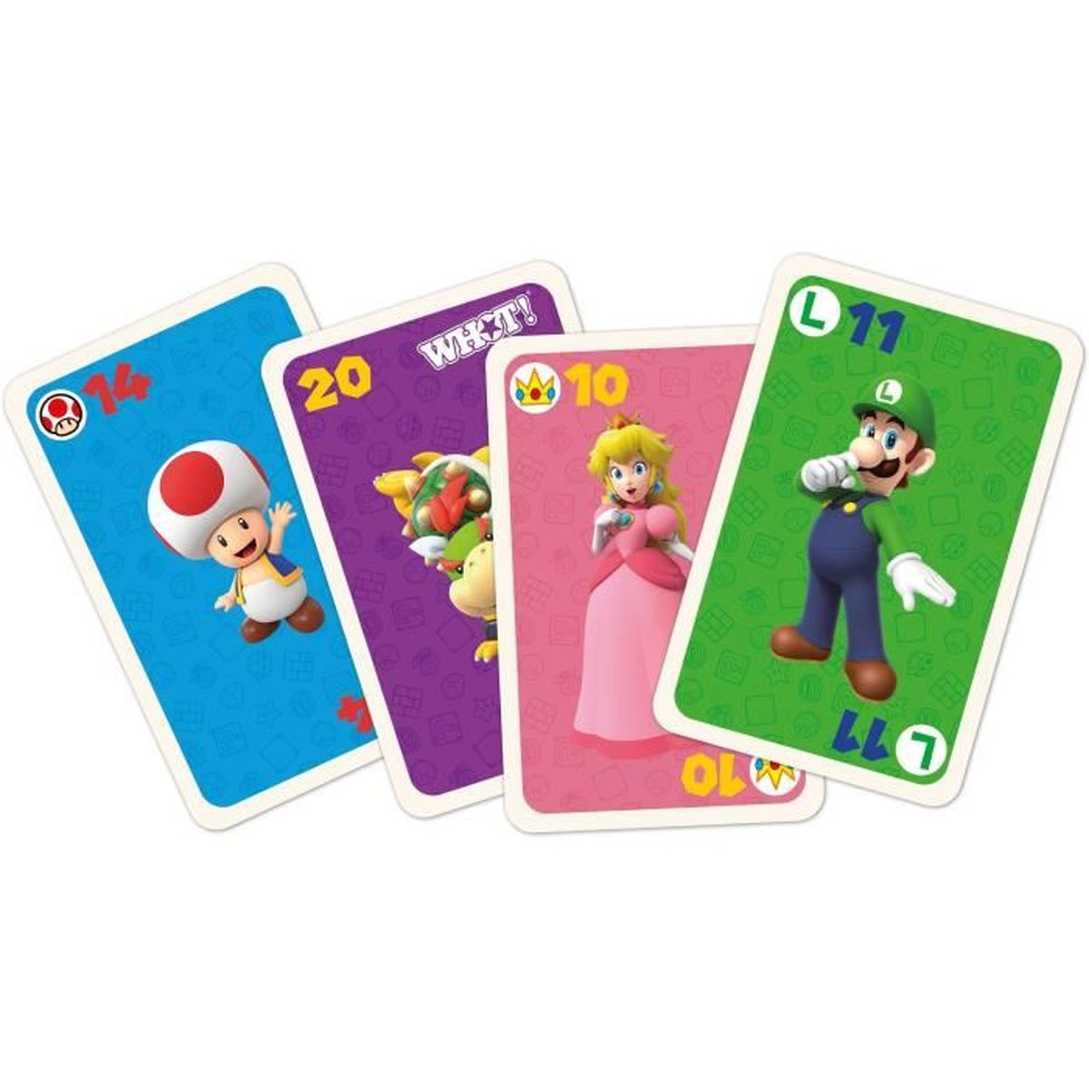 Cztery karty Uno z postaciami z Mario: Toad, Bowser, Peach i Luigi. Każda karta pokazuje postać, numer i kolor.
