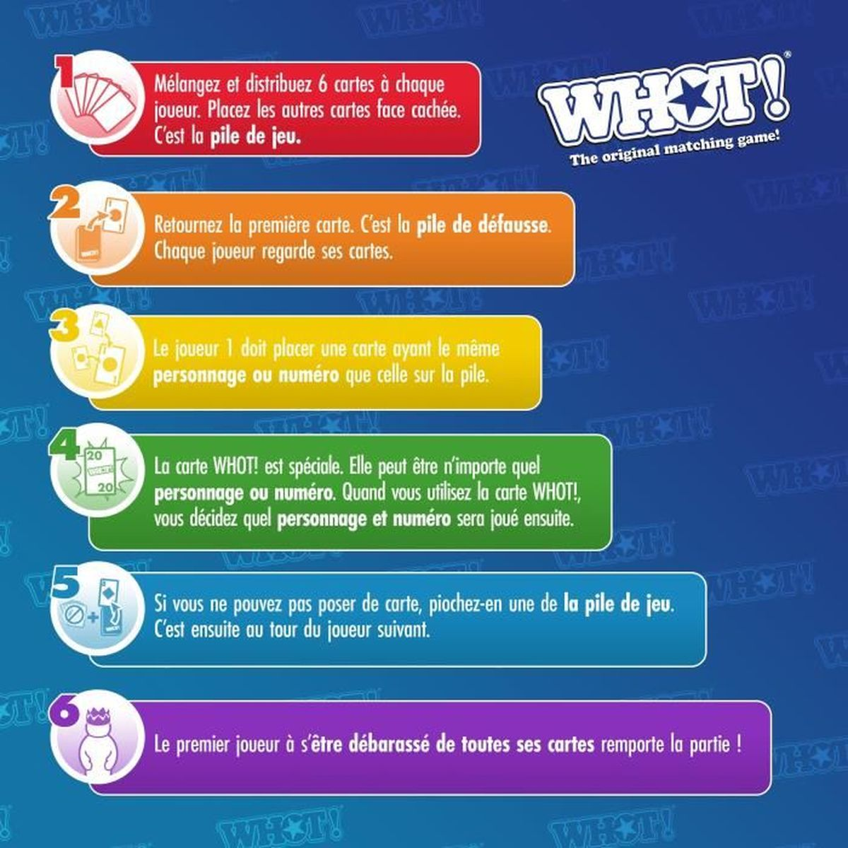 Instrukcje gry z ponumerowanymi krokami. Tekst i ilustracje wyjaśniają zasady gry w karty, logo i niebieskie tło.