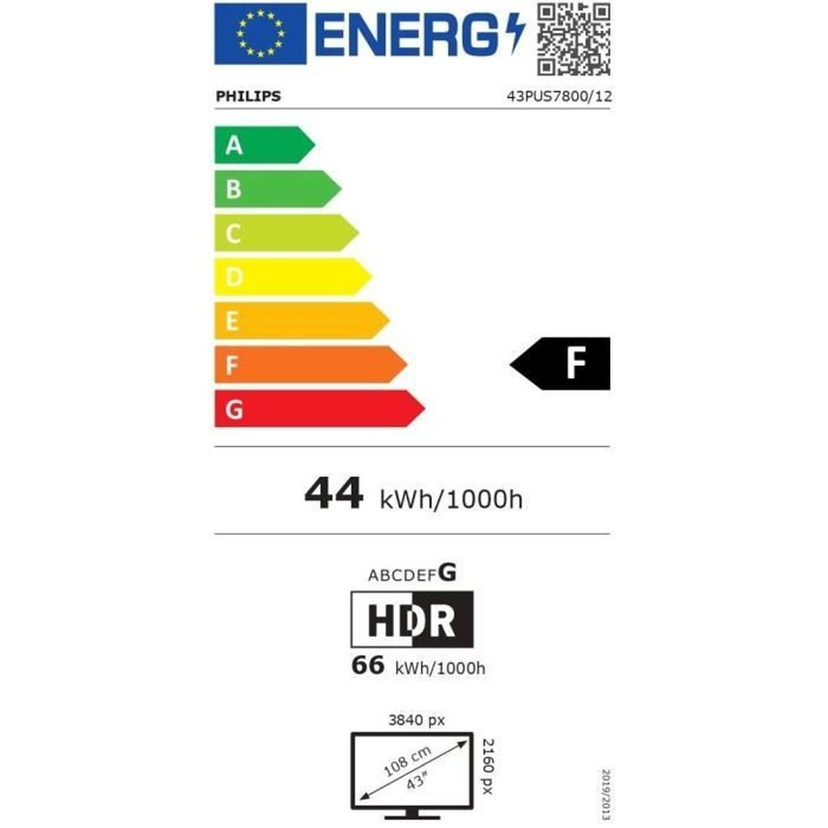 Etykieta energetyczna dla telewizora Philips. Wyświetla klasy efektywności energetycznej A-G, zużycie, informacje HDR i szczegóły dotyczące rozmiaru ekranu.