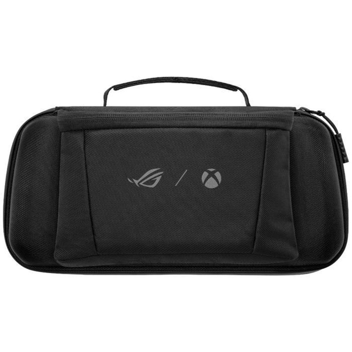 Una custodia nera con manico. Presenta i loghi ROG e Xbox sul davanti. La custodia è chiusa con la cerniera.
