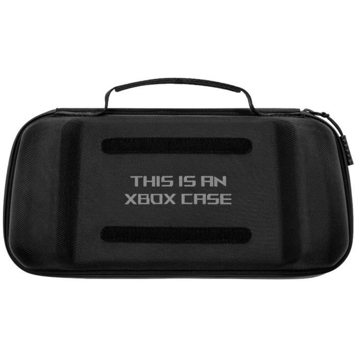 Una custodia Xbox nera con manico. Sul davanti c'è scritto 'THIS IS AN XBOX CASE'.