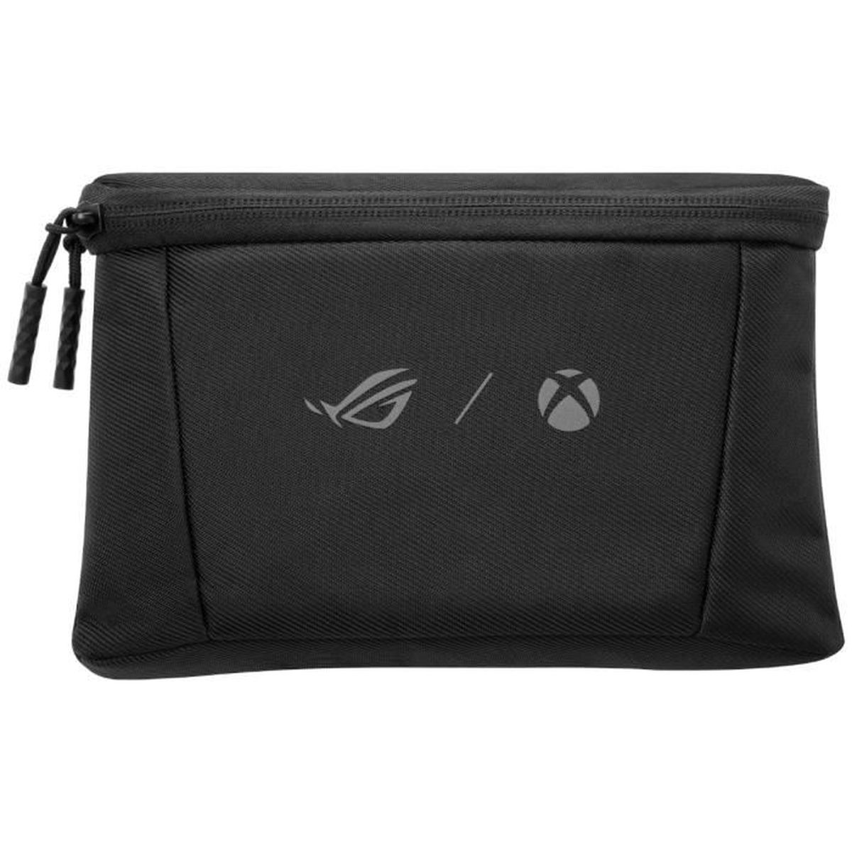 Custodia nera con cerniera, loghi ROG e Xbox. La custodia è rettangolare.