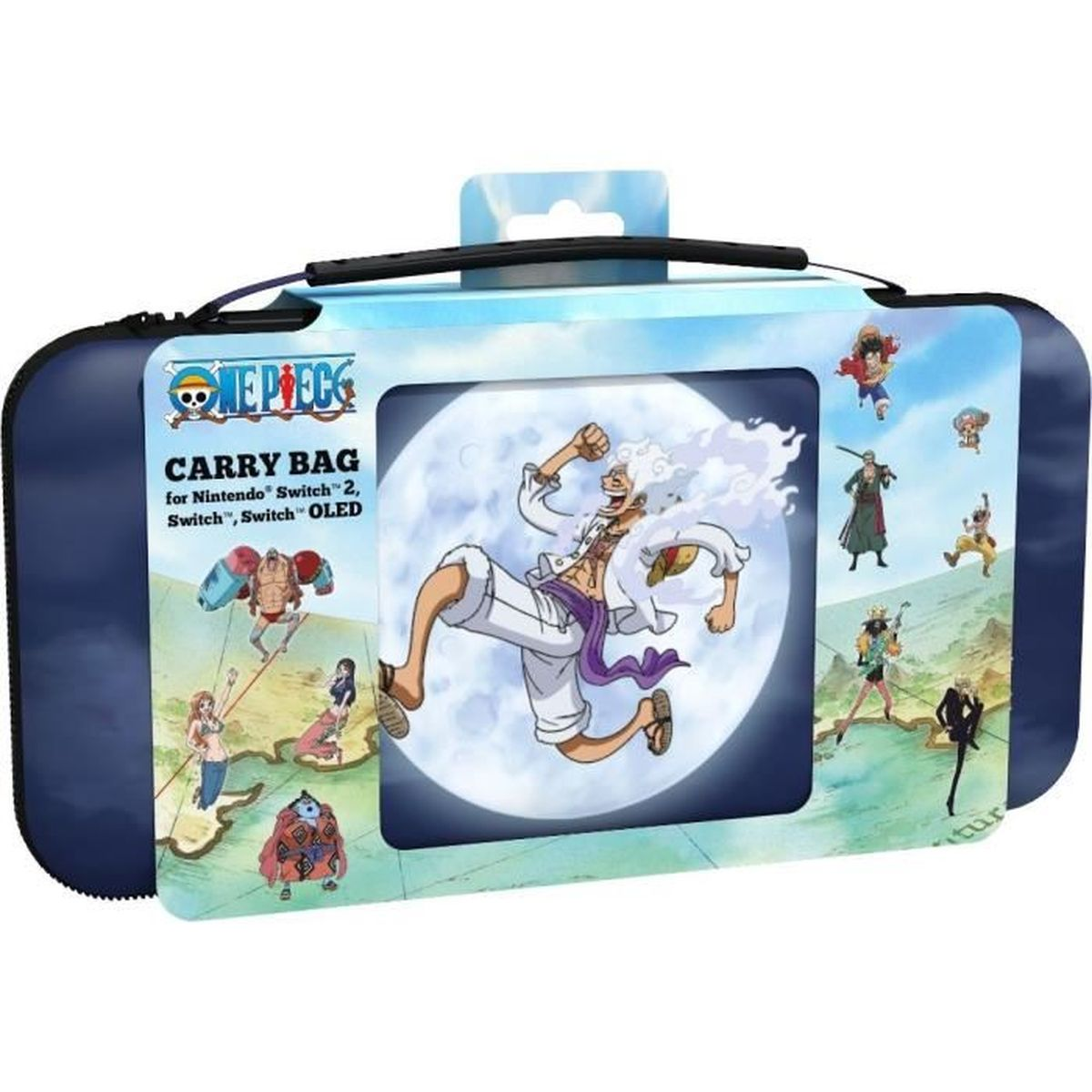 A One Piece carry bag for Nintendo Switch. The design features Luffy in Gear 5 with a full moon in the background. Other characters appear.
