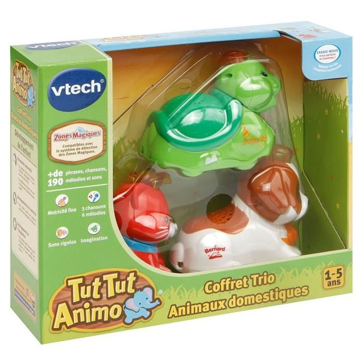 Un juego de juguetes para niños en caja con una tortuga verde, un conejo rojo y un perro blanco con manchas marrones, etiquetado como 'Tut Tut Animo'.