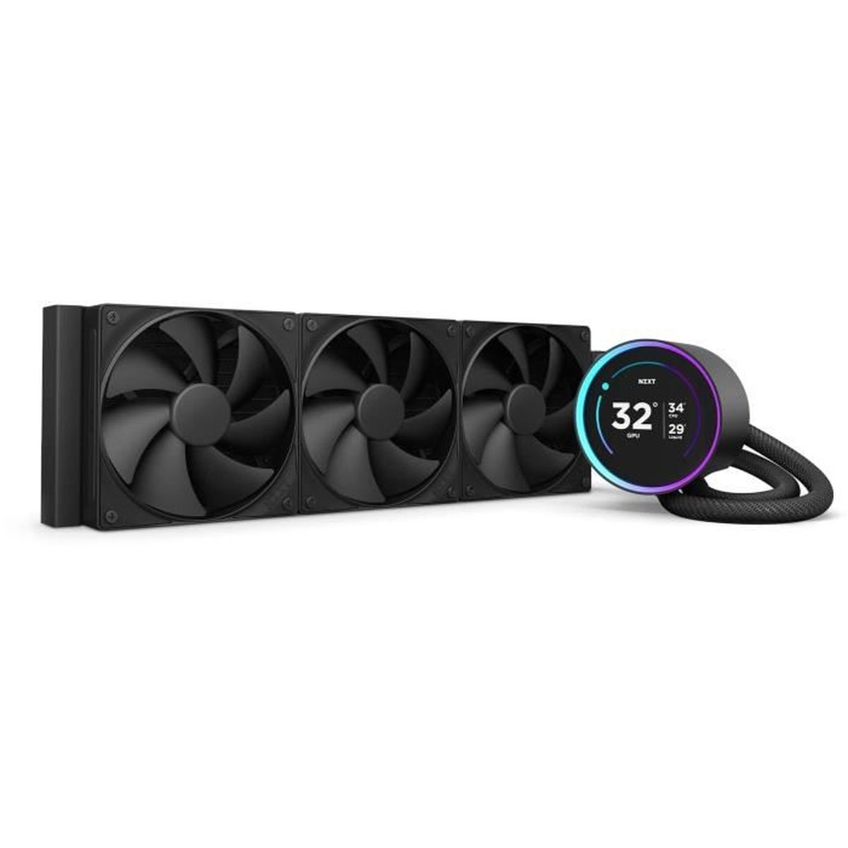 Black computer cooling system with three fans and a circular display showing temperature readings.