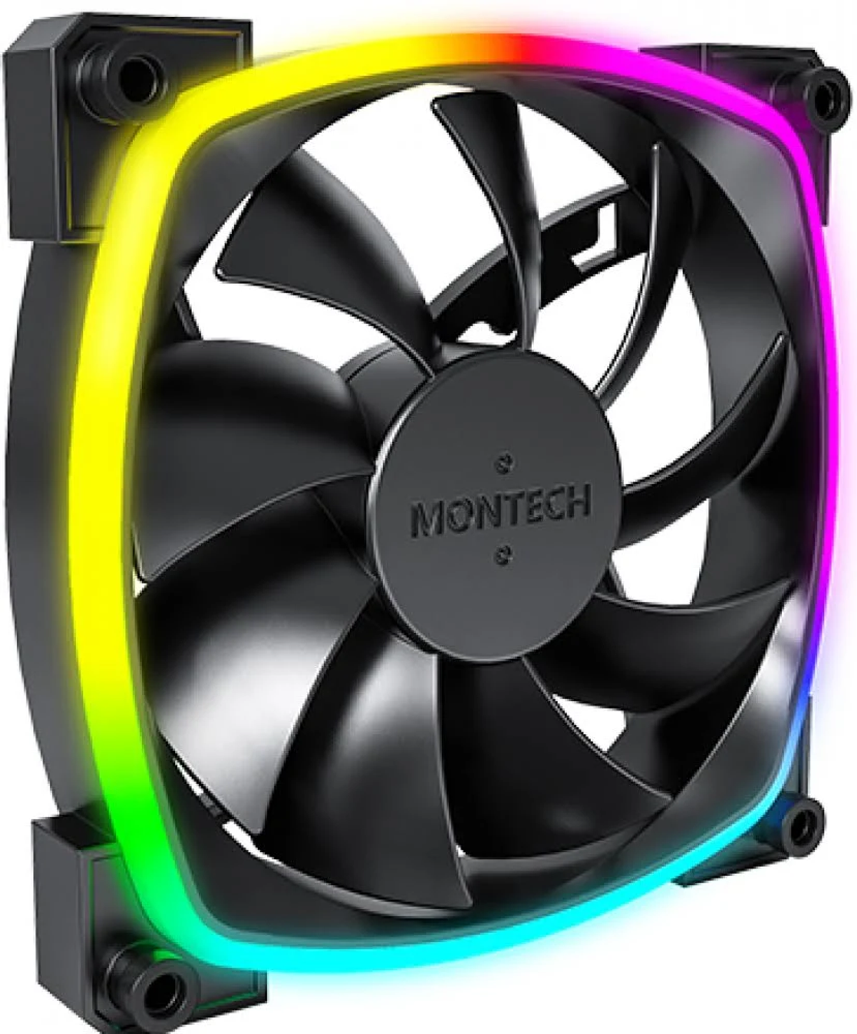 Siyah kanatları ve renkli bir LED halkası olan bir bilgisayar fanı. Ortasında 'MONTECH' logosu var. Dört siyah köşe montajı.