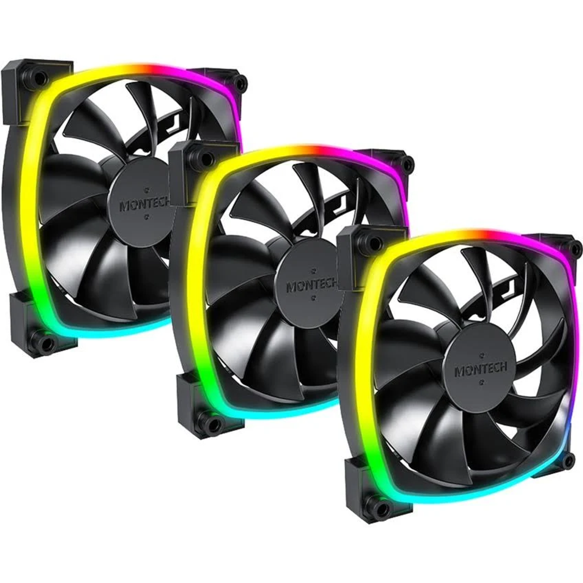 Renkli LED çerçevelere sahip üç adet siyah bilgisayar fanı. Her fanın ortasında 'MONTECH' yazan bir disk bulunmaktadır.
