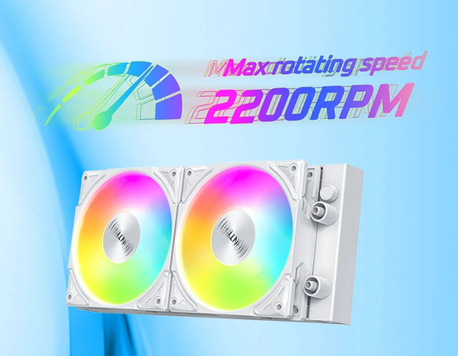 Gökkuşağı ışıkları gösteren iki fanlı PC soğutucu. Metin: 'Maksimum dönme hızı 2200RPM'. Arka plan açık mavi.
