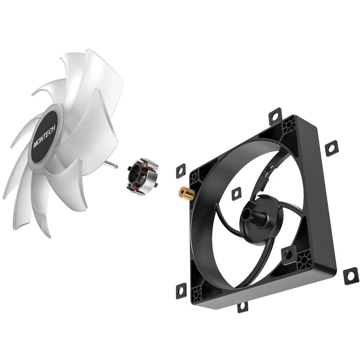 Vista explosionado de un ventilador de computadora, que muestra las aspas, el motor y el marco. Las aspas son blancas, el marco es negro.