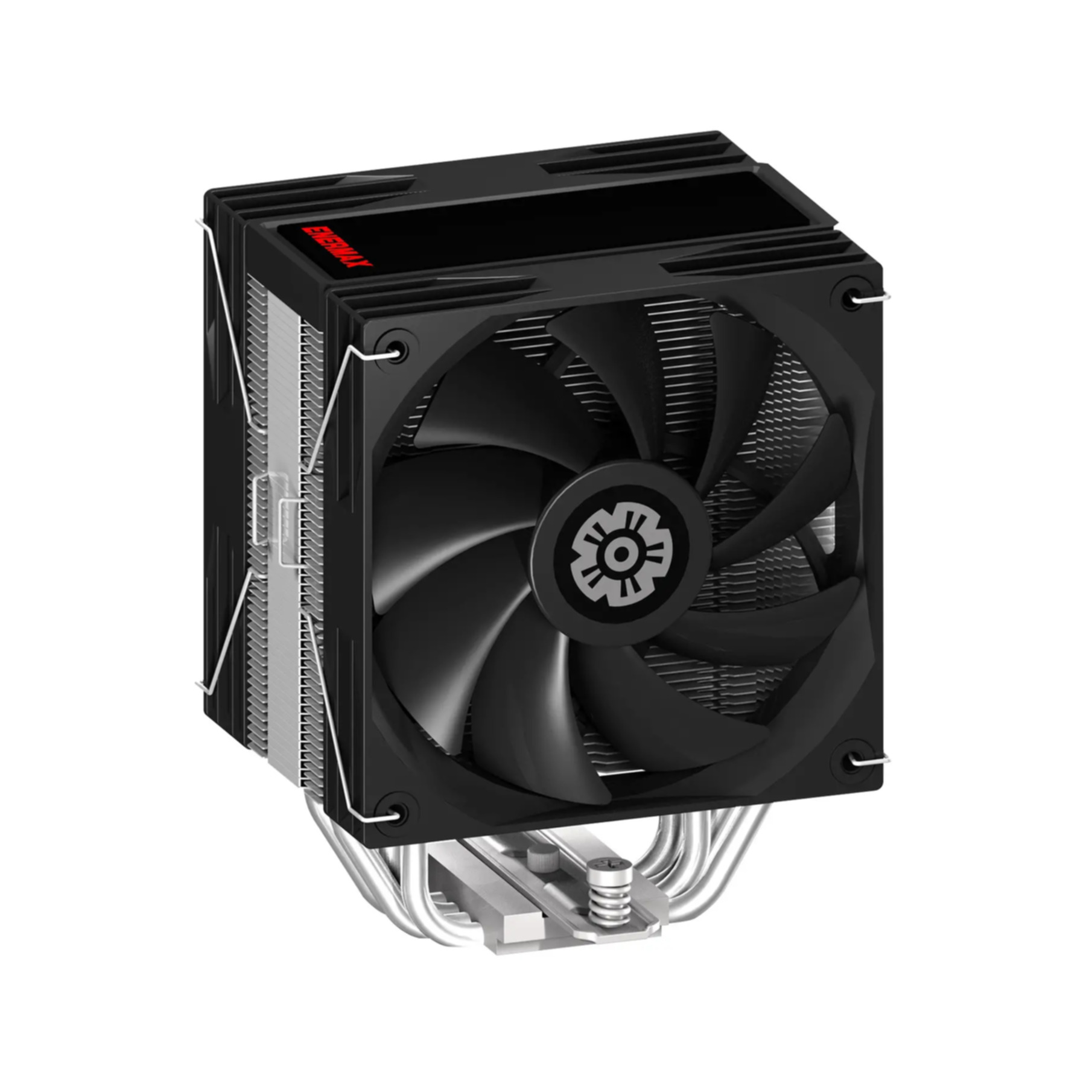 Black CPU cooler with fan. Metallic heatsink and pipes are visible. Enermax logo in red on top.
