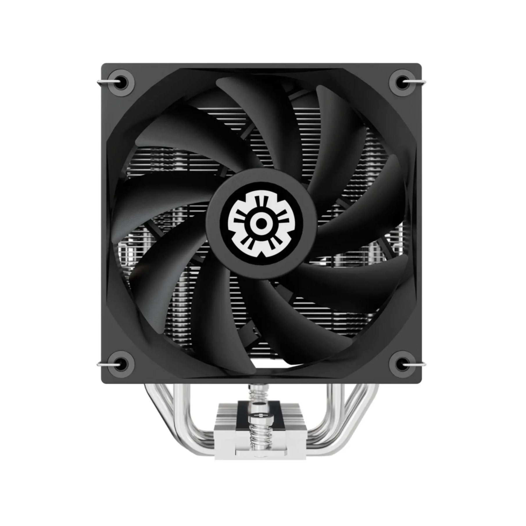 A computer CPU cooler. It has a black fan with silver heat pipes and a silver base, all on a white background.