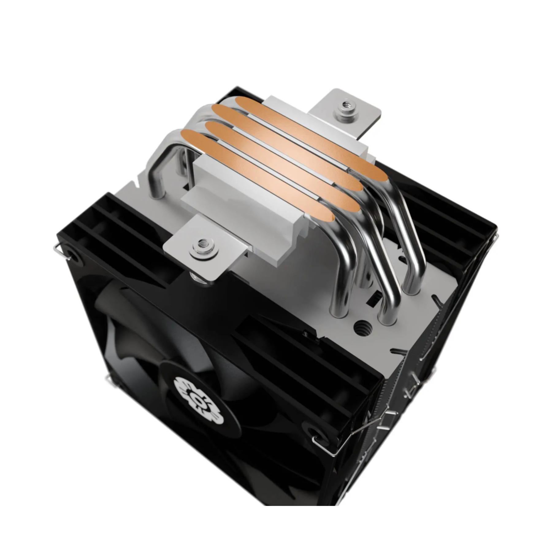 A computer CPU cooler. It has black fins, copper heat pipes, and a fan. The background is white.