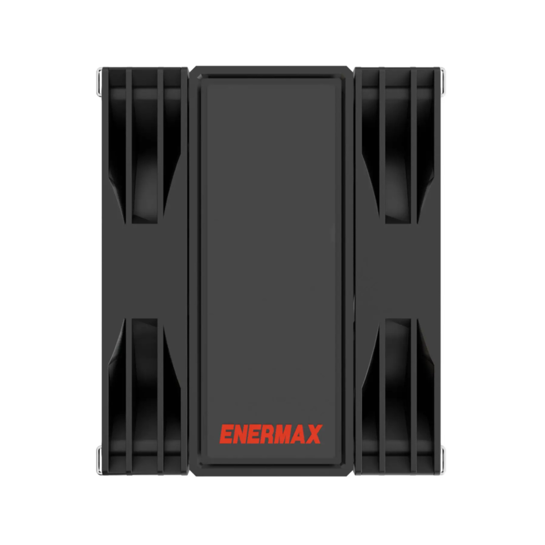 A black CPU cooler with the red Enermax logo, front view. It has several fan blades on the sides.