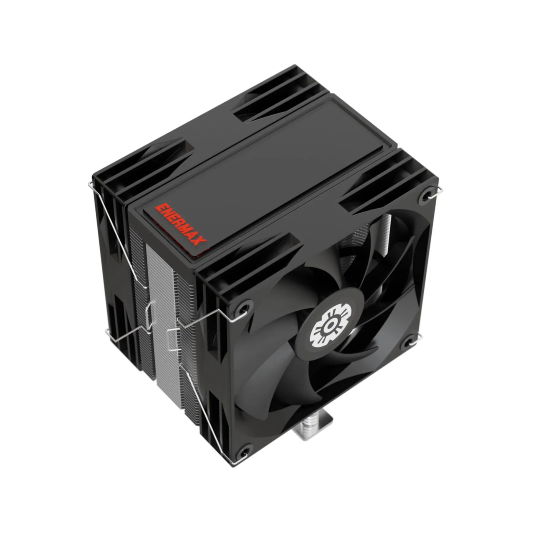 A black computer CPU cooler with a fan and heat sink, the Enermax logo is visible.