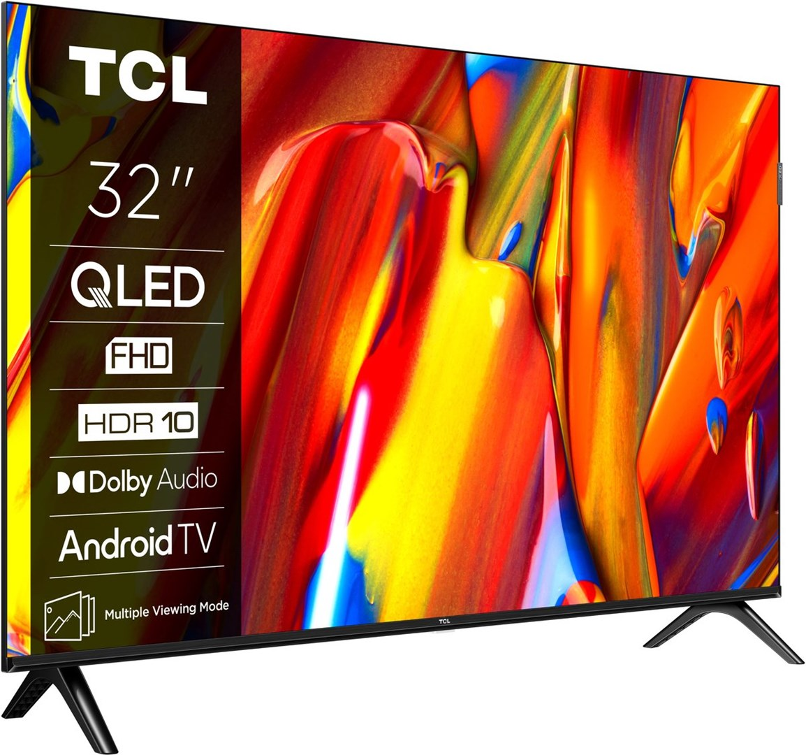 Telewizor TCL QLED Android 32". Ekran wyświetla kolorowy, abstrakcyjny obraz. Ma czarne nóżki i informacje o marce po lewej stronie.