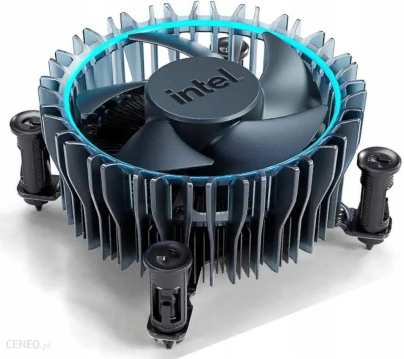 Un enfriador de CPU de computadora con un ventilador. Es de color gris oscuro con un anillo de luz azul alrededor del ventilador. El logotipo de Intel está en el ventilador.
