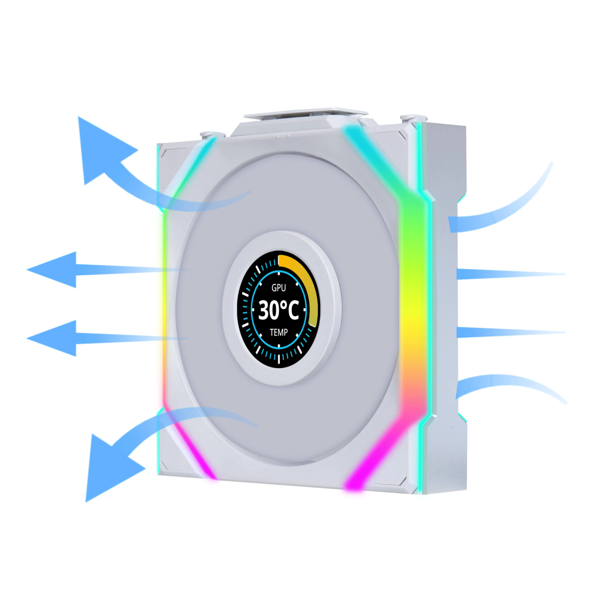 Ventola per computer bianca con illuminazione RGB e display della temperatura a 30°C. Le frecce indicano il flusso d'aria.