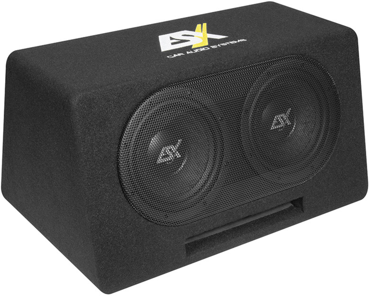 Ein schwarzer Auto-Subwoofer mit zwei Lautsprecherabdeckungen. Das Logo 'ESX' ist oben sichtbar. Die Lautsprecher befinden sich hinter einem Mesh-Gitter.