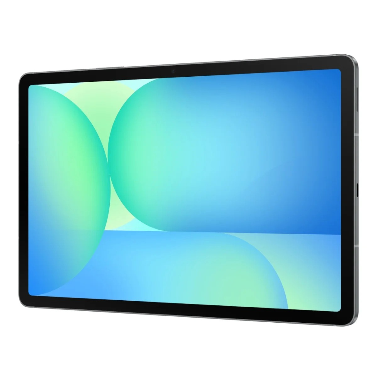 Een tablet met een blauw-groen verlopend scherm. Het apparaat is zilvergrijs met een zwarte rand.