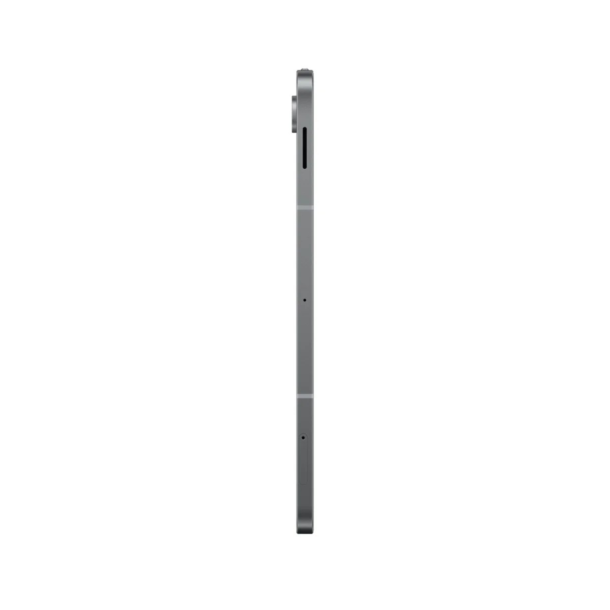 Zijaanzicht van een grijze tablet op een witte achtergrond. De camera en knoppen van de tablet zijn zichtbaar.