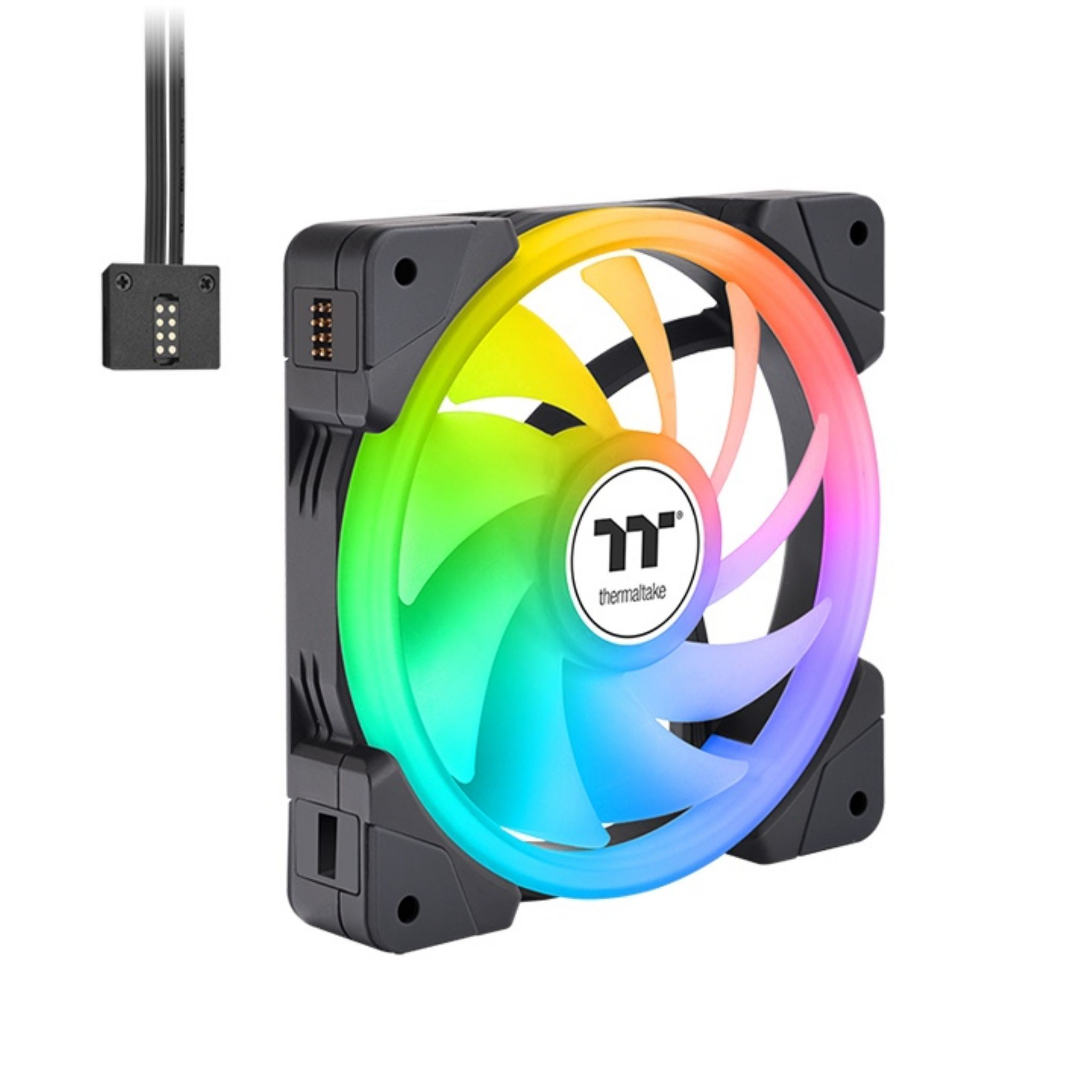 Ein Computerlüfter mit Regenbogen-Lichteffekt und schwarzem Rahmen, mit Thermaltake-Logo in der Mitte.