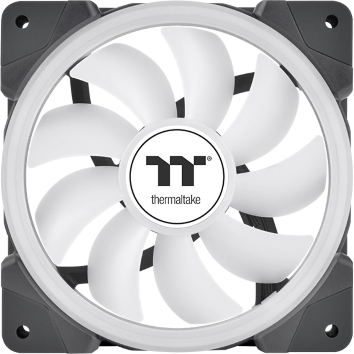 Ein Computerlüfter mit weißen Flügeln und einem weißen Ring. Die Mitte hat ein Thermaltake-Logo auf einem schwarz-weißen Kreis. Der Rahmen ist grau.