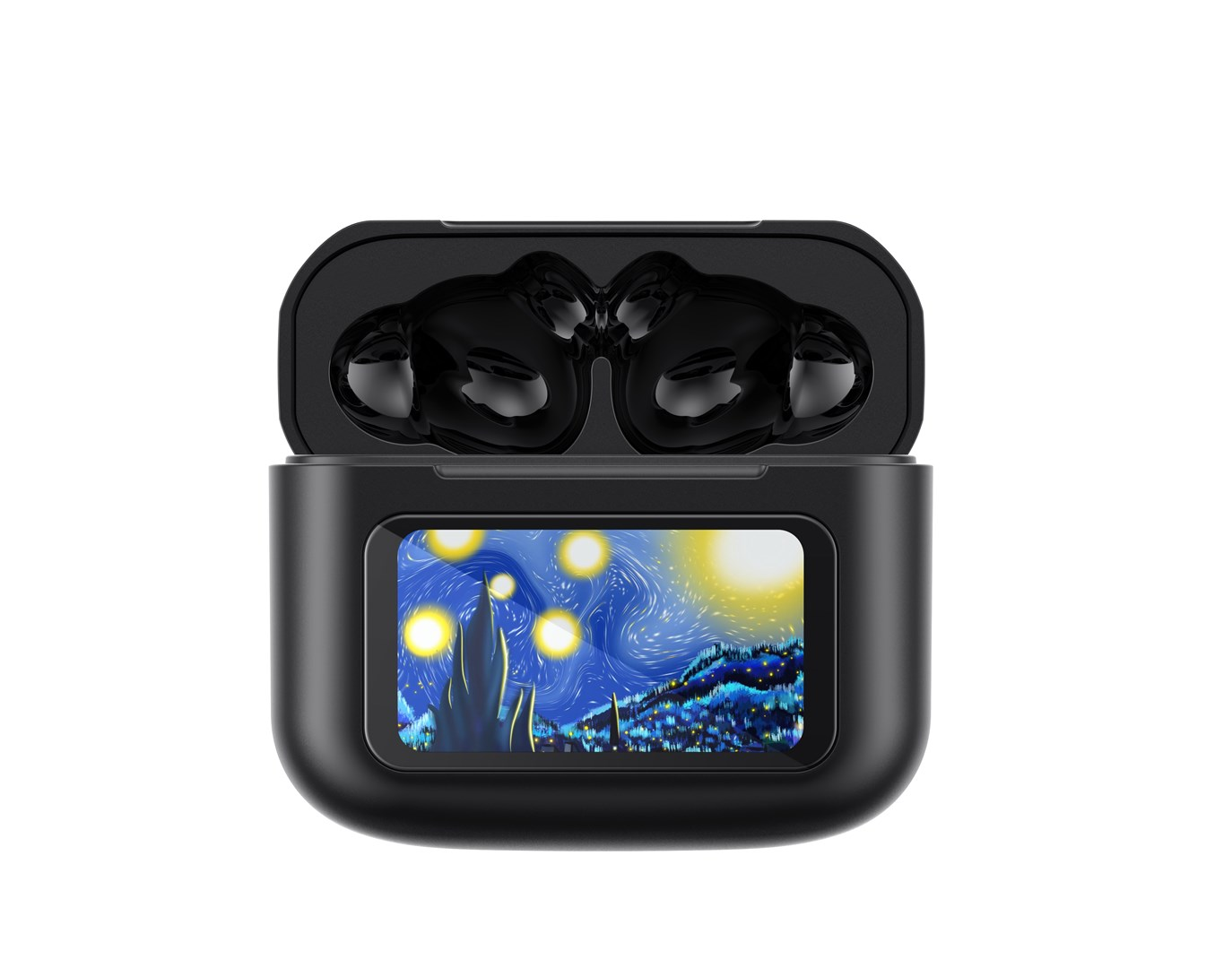 Czarne etui na słuchawki z Gwieździstą Nocą Van Gogha. Etui jest otwarte, widać słuchawki i mały ekran.