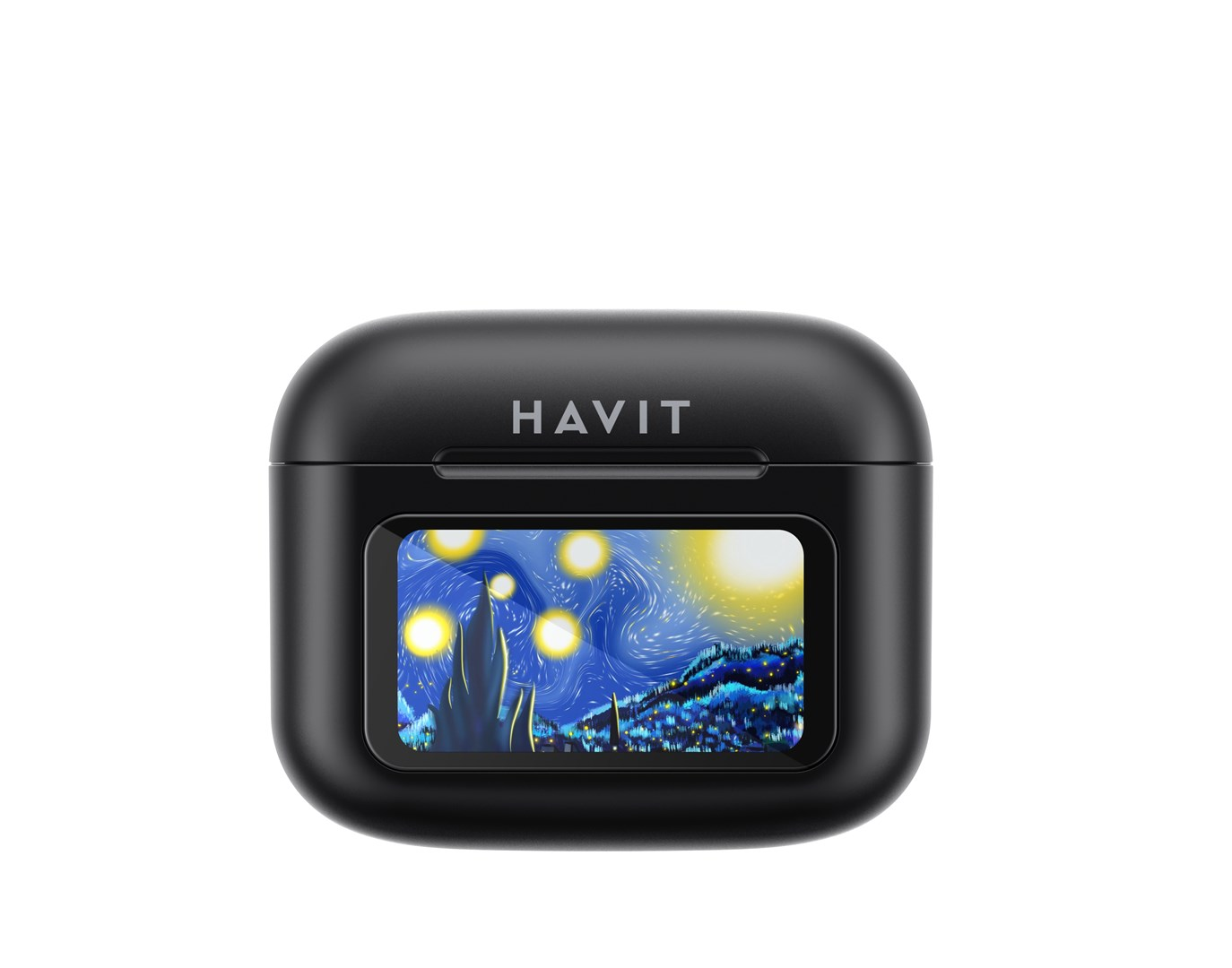 Czarne etui na słuchawki Havit z obrazem Gwieździstej nocy Van Gogha. Etui jest na białym tle.