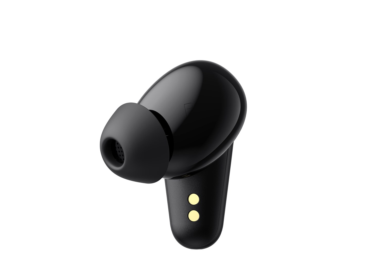 Zbliżenie czarnej, bezprzewodowej słuchawki. Ma zaokrąglony kształt, miękką końcówkę i dwa złote punkty.
