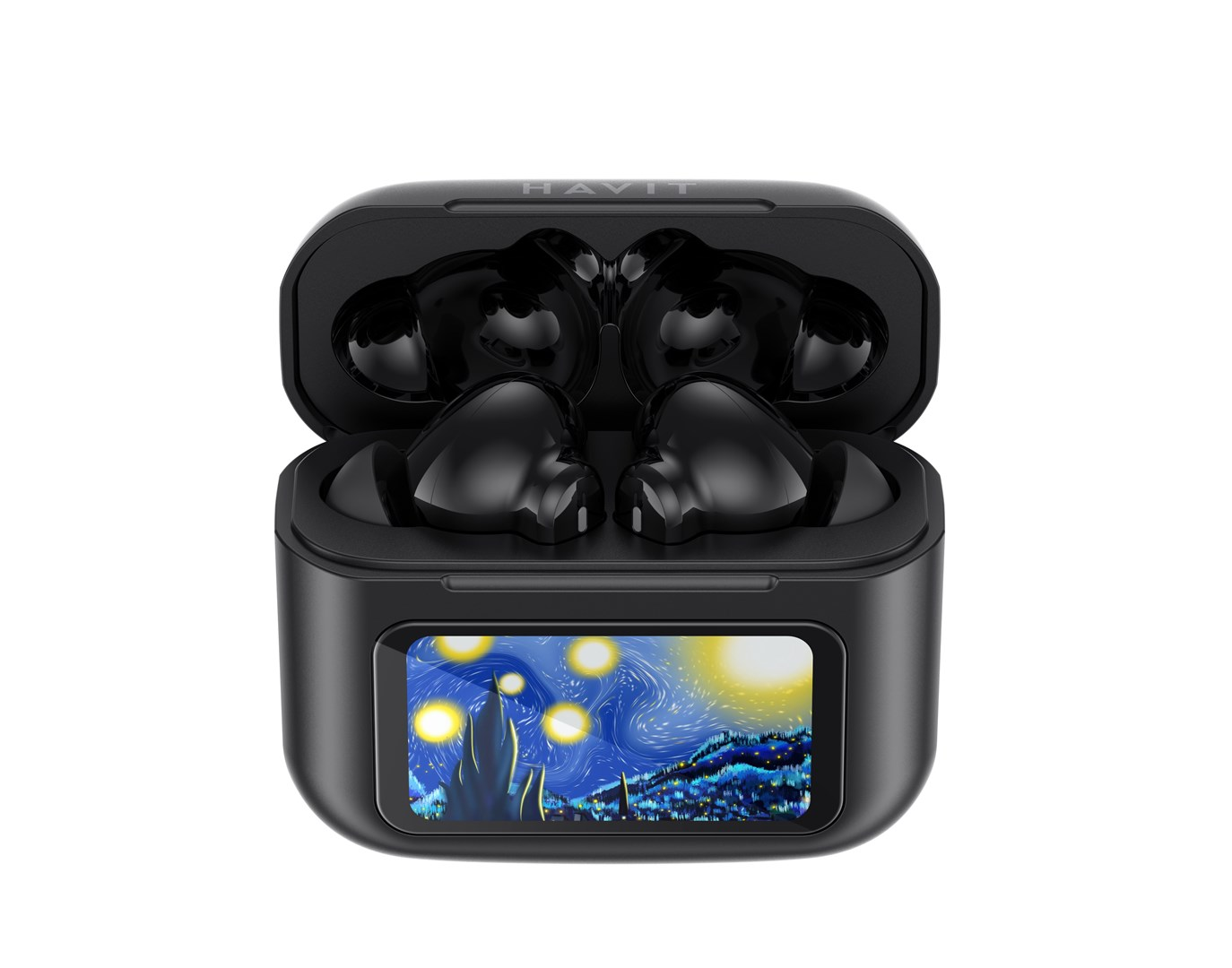 Czarne bezprzewodowe słuchawki w otwartym etui ładującym. Etui ma mały ekran z obrazem gwiezdnej nocy.
