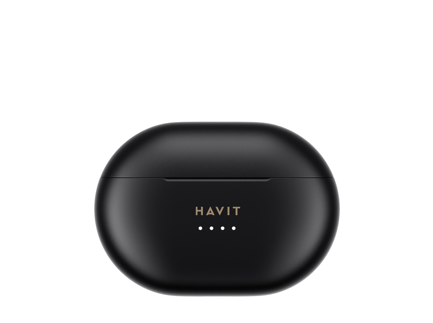 Czarne, owalne etui ładujące słuchawki Havit. Nazwa marki i wskaźniki LED znajdują się z przodu. Białe tło.
