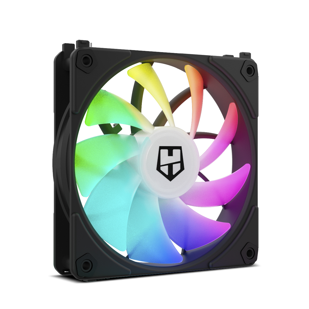 Ein Computerlüfter mit bunten Blättern. Er hat einen schwarzen Rahmen, das mittlere Logo ist weiß mit einem schwarzen Symbol.