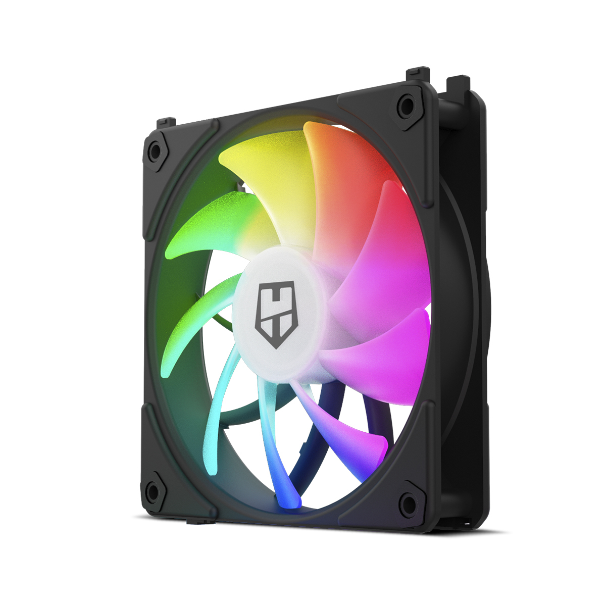 Ein Computerlüfter mit bunten Flügeln. Er hat einen schwarzen Rahmen, und die Flügel zeigen einen Regenbogenverlauf. In der Mitte befindet sich ein Logo.