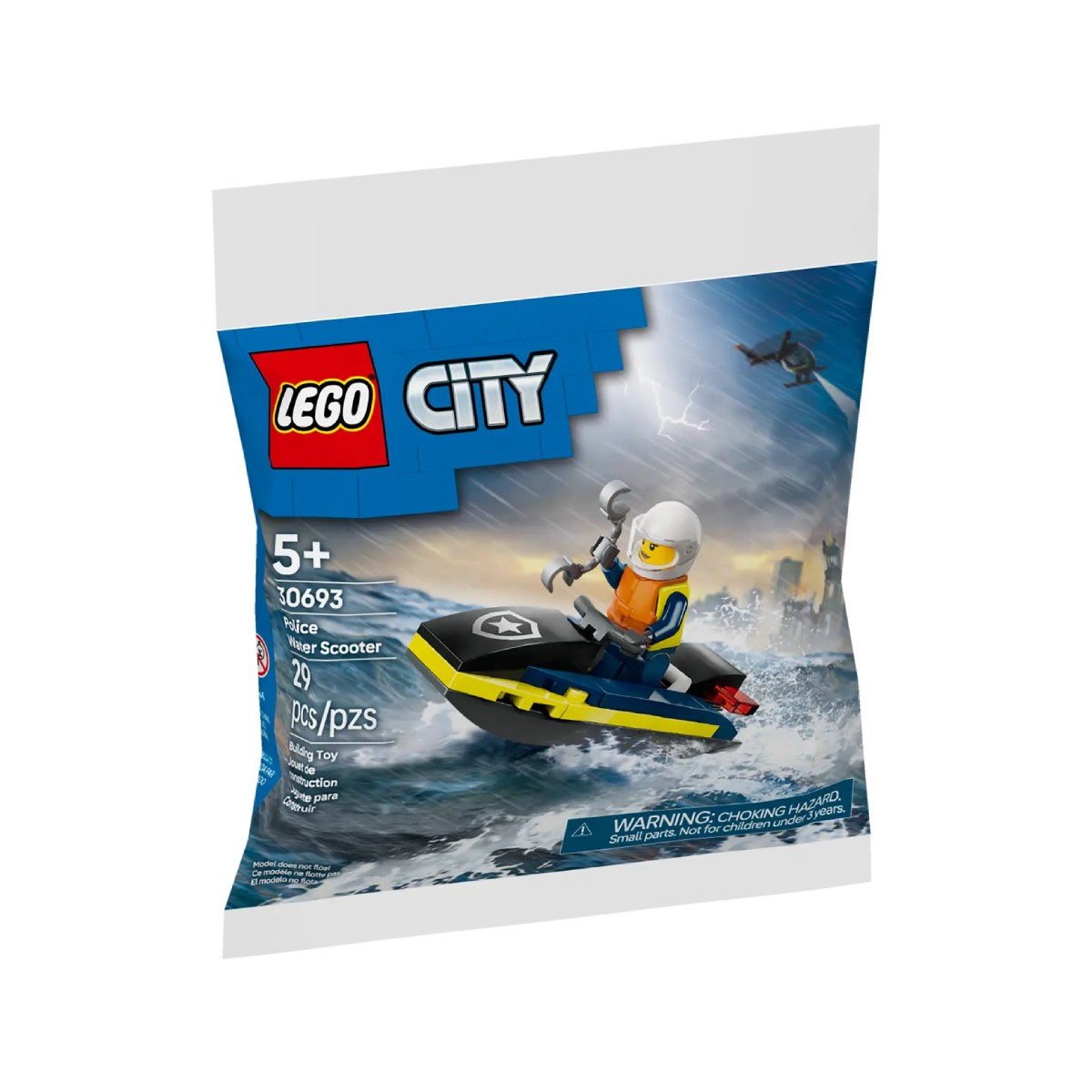 Opakowanie z zabawką Lego City Police Water Scooter. Pokazuje policjanta na skuterze wodnym na wzburzonym morzu z helikopterem.