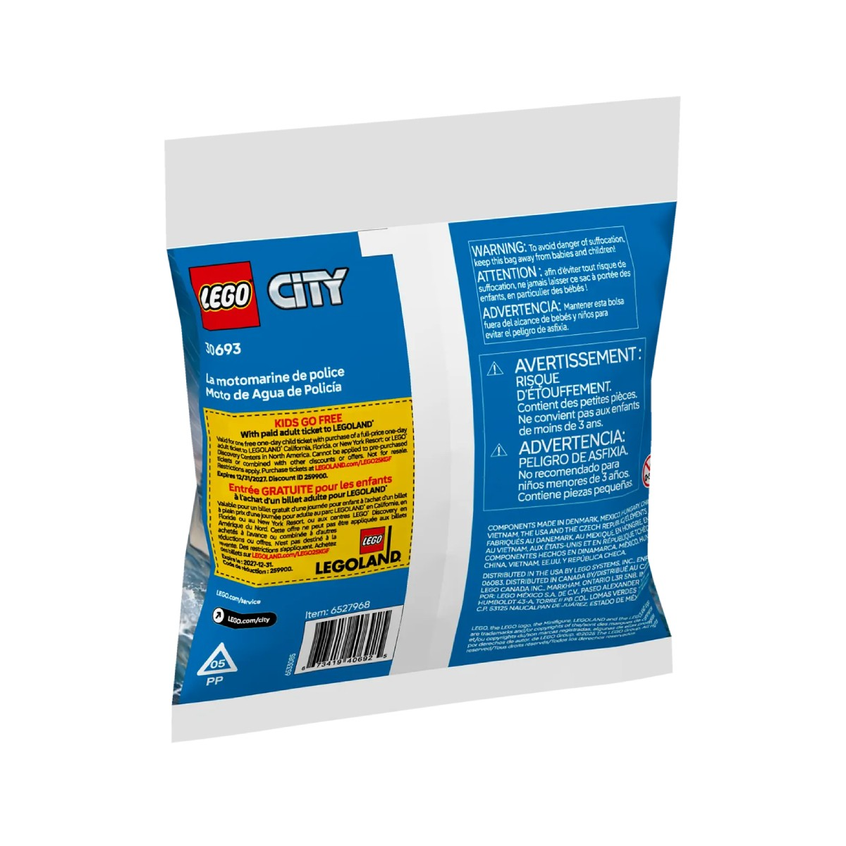 Opakowanie z zabawką LEGO City z tekstem i ostrzeżeniami, z logo LEGO i obrazem policyjnego skutera wodnego.