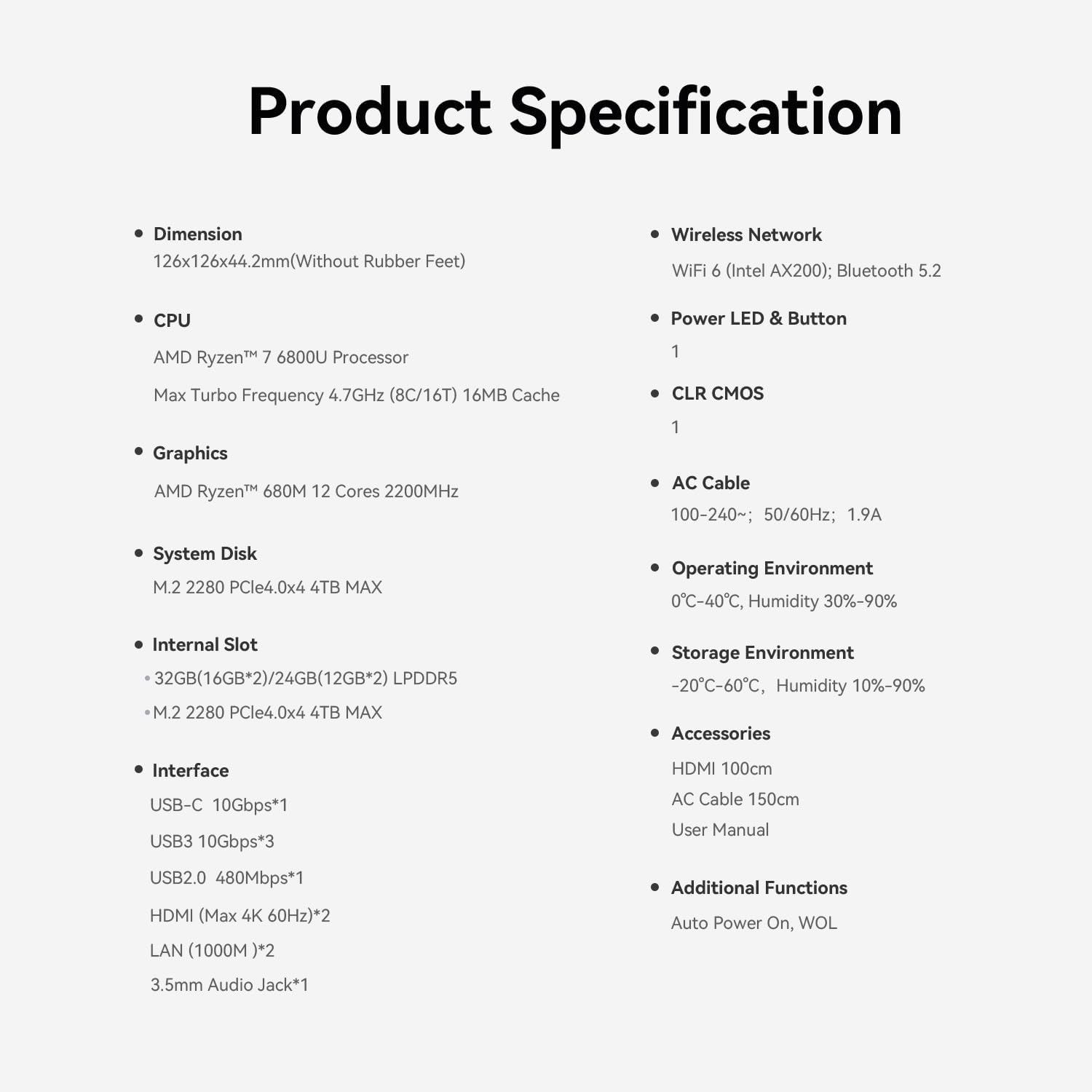 Specyfikacje produktu wymieniają wymiary, procesor, grafikę, dysk systemowy, gniazda wewnętrzne, interfejs, sieć bezprzewodową i inne.