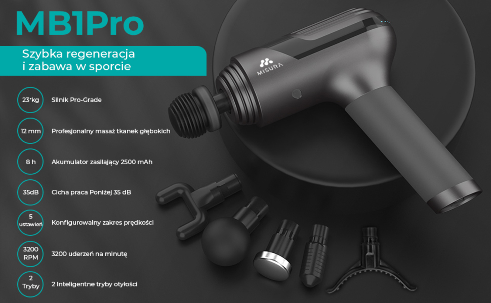 Szary pistolet do masażu z nasadkami na ciemnej powierzchni. Tekst szczegółowo opisuje specyfikacje i funkcje.