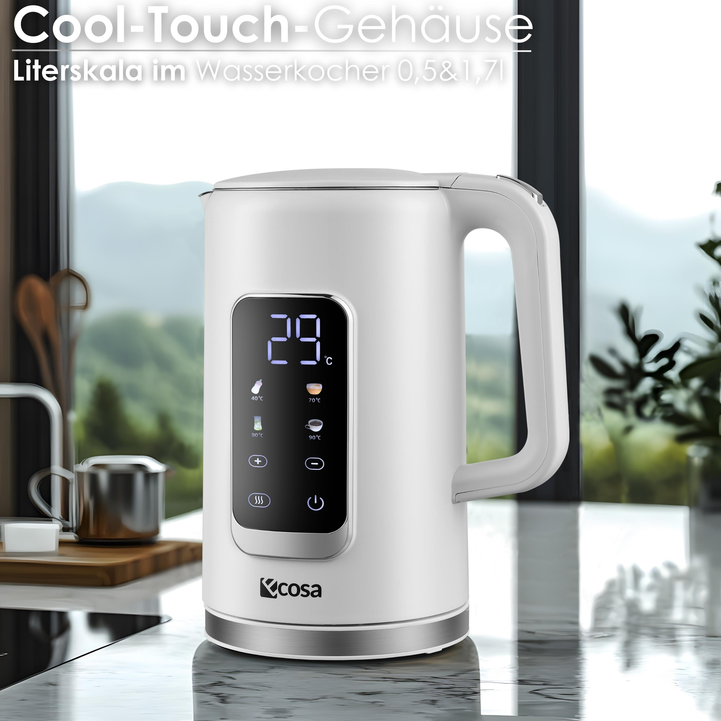 Weißer Wasserkocher mit Digitalanzeige, 29°C. Griff, Marmoroberfläche, verschwommener Hintergrund.