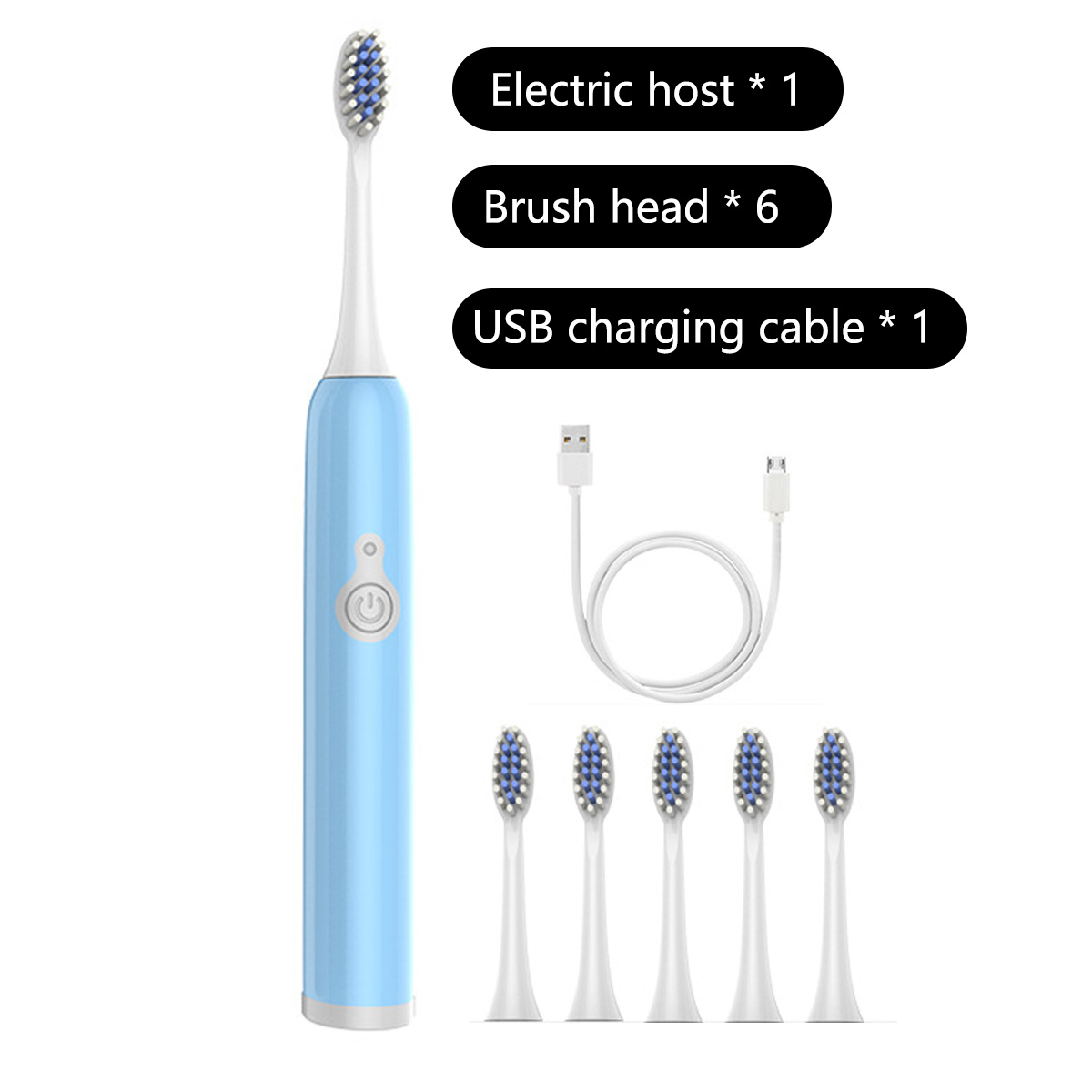 Eine blaue elektrische Zahnbürste mit sechs Bürstenköpfen und einem USB-Ladekabel auf weißem Hintergrund. Etiketten zeigen Mengen an.