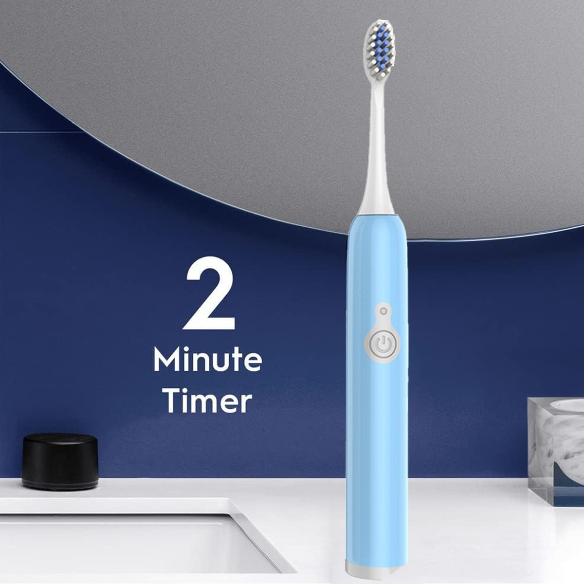 Eine hellblaue elektrische Zahnbürste mit weißem Kopf, vor dunklem Hintergrund mit Text '2 Minute Timer'.