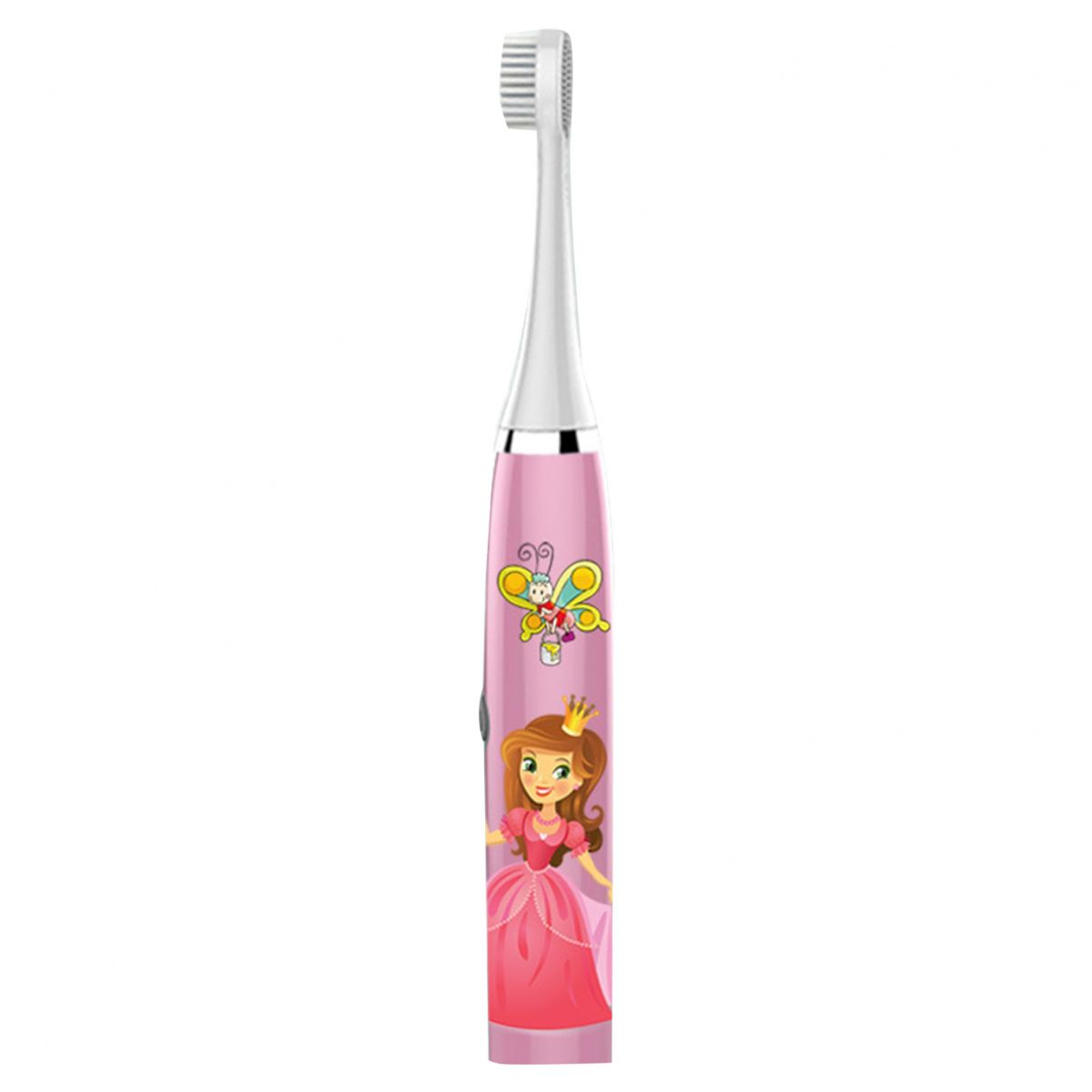 Eine rosa elektrische Zahnbürste. Sie hat einen weißen Kopf, eine Prinzessin und einen Schmetterling.