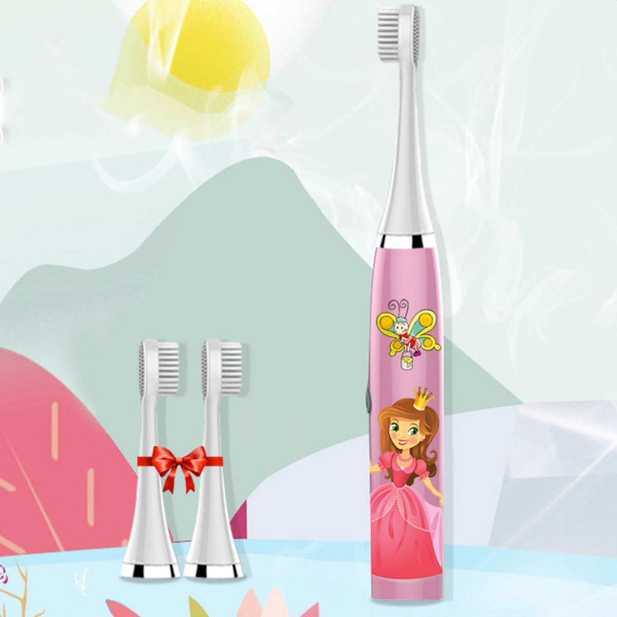 Rosa elektrische Zahnbürste mit Prinzessinnen-Design, zwei Bürstenköpfen und einer roten Schleife. Der Hintergrund zeigt abstrakte Formen und Farben.