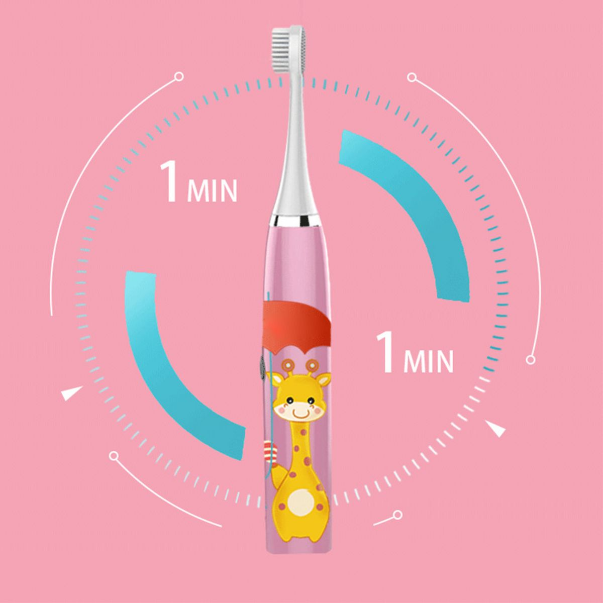 Pinke Zahnbürste mit Giraffenillustration. Zeigt einen 1-Minuten-Timer auf rosa Hintergrund.