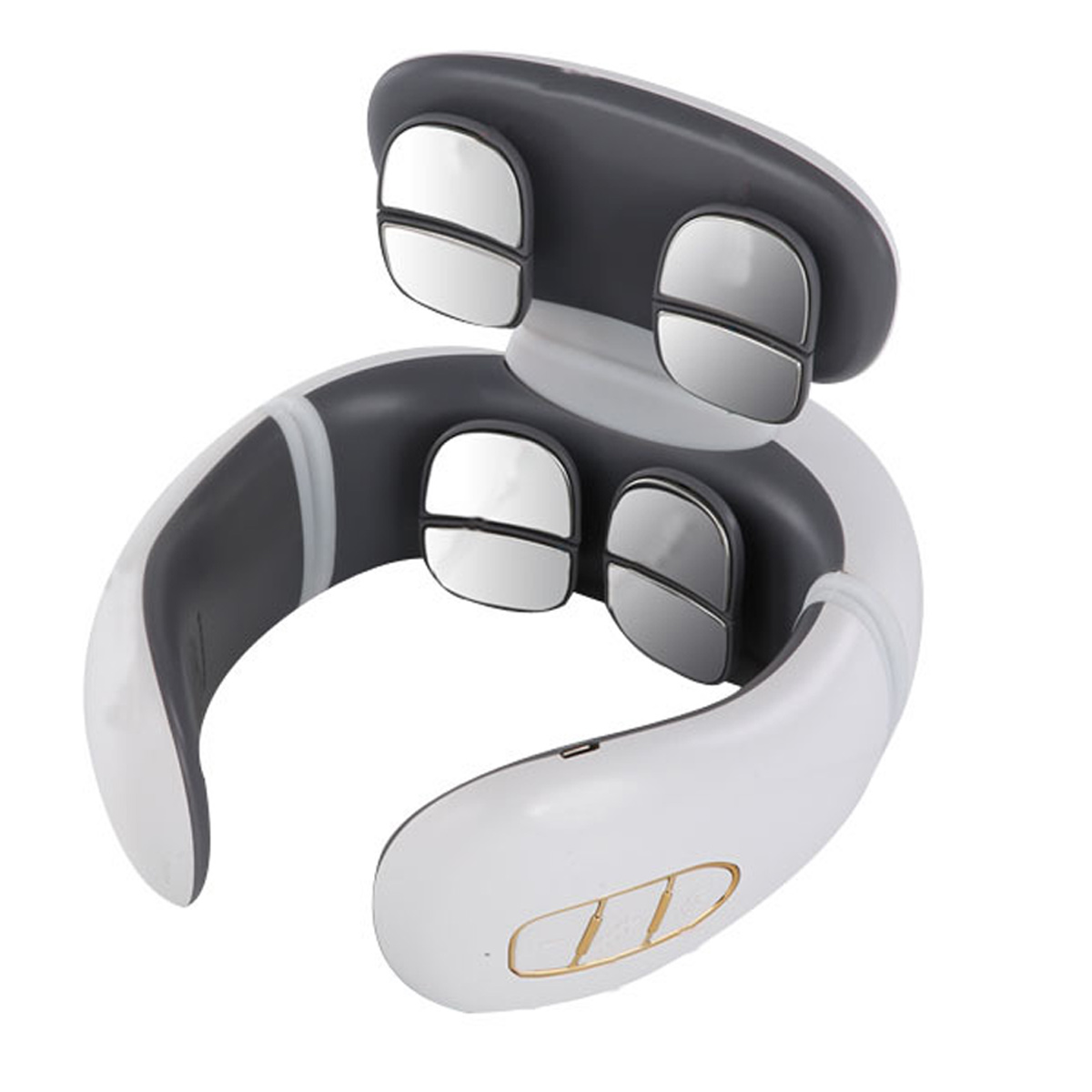 Ein weißes und graues Nackenmassagegerät mit vier silbernen Massagepads. Es hat drei goldene Knöpfe und ein gebogenes Design.