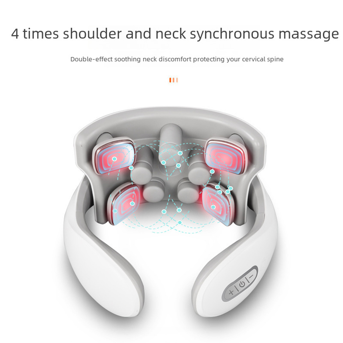 Nackenmassagegerät mit roten und blauen Lichtern. Graue Knöpfe. Text: 4-malige Schultermassage, doppelte Linderung von Nackenbeschwerden.